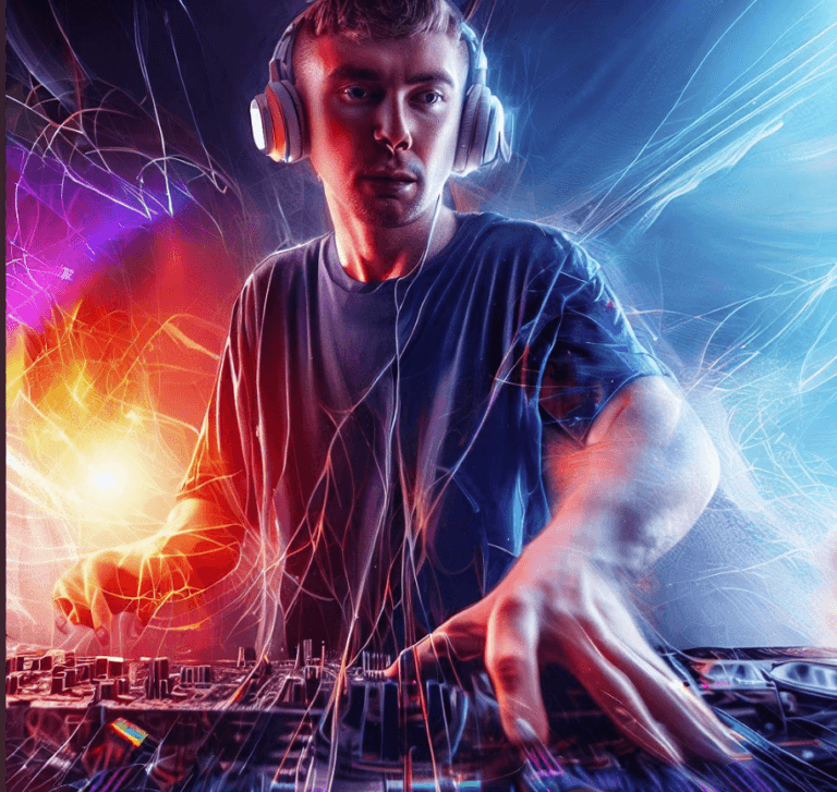 engaging image that captures the intense journey of new DJs as they conquer unprecedented challenges to shine in a technology-driven era of music. Depict the electrifying blend of traditional DJing skills and cutting-edge equipment, symbolizing their path from obscurity to stardom. Let the image showcase the clash between artistic expression and commercial demands, all while reflecting the dynamic evolution of music consumption habits. Incorporate elements of netw