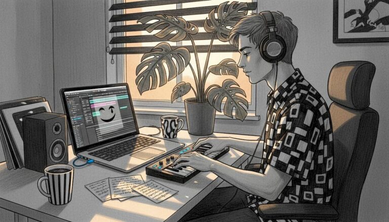 Producer layering tracks in home music studio