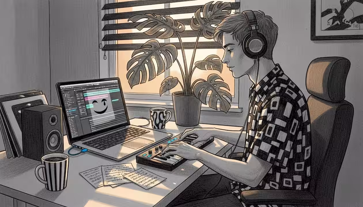 Producer layering tracks in home music studio